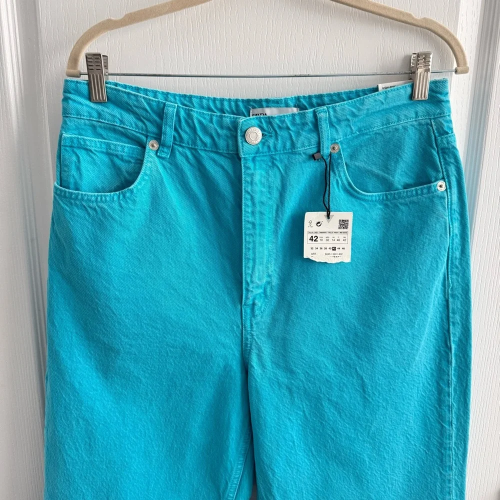 NWT ZARA Full Length High Waist Wide Leg Turquoise Jeans Five Pocket Size 10 - Picture 8 of 17
